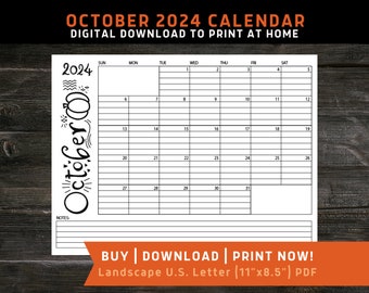 Calendario imprimible de octubre de 2024, Calendario mensual imprimible, Carta de EE. UU., Forrado, Calendario de octubre de arte original imprimible 2024, Planificador en blanco y negro