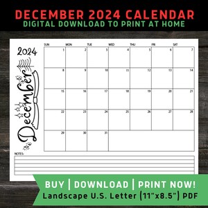 December 2024 Printable Calendar, Monthly Calendar Printable, U.S. Letter, Original Art December Calendar Printable 2024, B&W Planner
