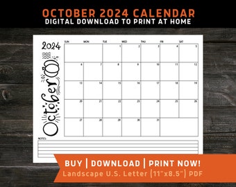 Calendario imprimible de octubre de 2024, Calendario mensual imprimible, Carta de EE. UU., Calendario de octubre de arte original imprimible 2024, Planificador mensual en blanco y negro