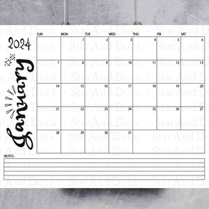 Januar 2024 druckbarer Kalender, druckbarer Monatskalender, U.S. Letter, Original Kunst, Januar Kalender 2024 zum ausdrucken, Schwarzweiß Monatsplaner Bild 6