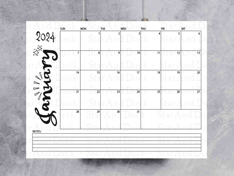 January 2024 Printable Calendar, Monthly Calendar Printable, U.S. Letter, Original Art January Calendar Printable 2024, B&W Monthly Planner zdjęcie 6