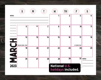 Printable March 2023 Calendar with Major U.S. Holidays Included, Dated, Notes Sections, Print on U.S. Letter, Pink and Black, Cute Design,