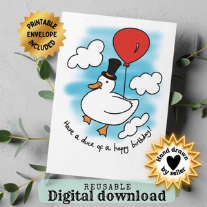Duck Birthday Card Printable, Hand Drawn, 5x7-Inch Funny Happy Birthday Card, Duck Pun Birthday Card, Funny Duck Card, Blank Printable Cards