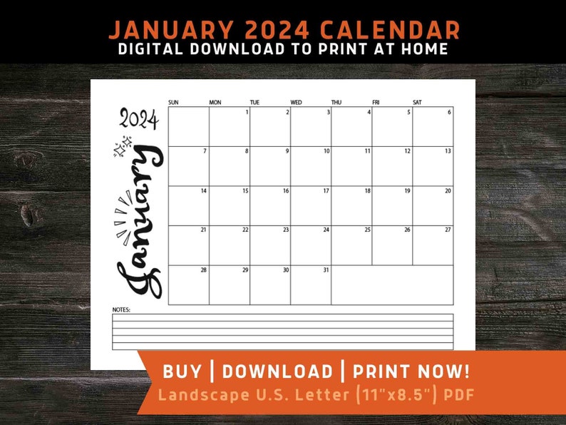 Januar 2024 druckbarer Kalender, druckbarer Monatskalender, U.S. Letter, Original Kunst, Januar Kalender 2024 zum ausdrucken, Schwarzweiß Monatsplaner Bild 1