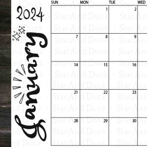 Januar 2024 druckbarer Kalender, druckbarer Monatskalender, U.S. Letter, Original Kunst, Januar Kalender 2024 zum ausdrucken, Schwarzweiß Monatsplaner Bild 7