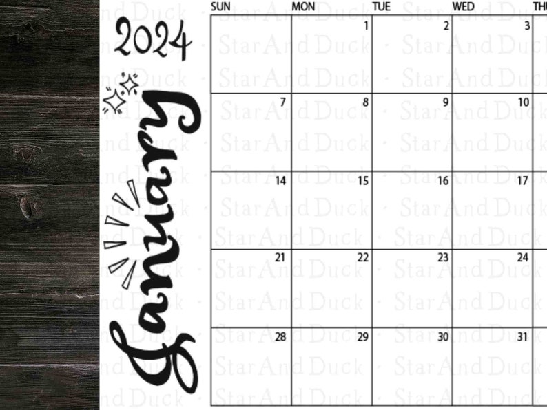 Januar 2024 druckbarer Kalender, druckbarer Monatskalender, U.S. Letter, Original Kunst, Januar Kalender 2024 zum ausdrucken, Schwarzweiß Monatsplaner Bild 7