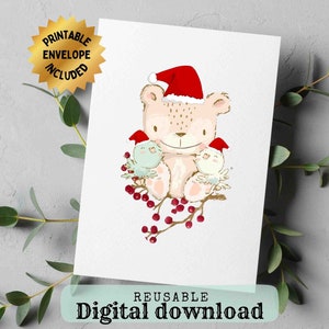 Carte de vœux câlins doudou imprimable avec enveloppe, carte d'amour de Noël de 5 x 7 pouces, carte de Noël nounours réutilisable, jolie carte vierge doudou