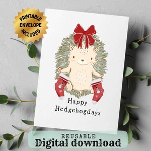 Cartão de Natal de ouriço fofo para impressão com envelope, cartão de Happy Hedgehogdays, cartão de ouriço de Natal de 5 x 7 polegadas, cartão de pelúcia para impressão