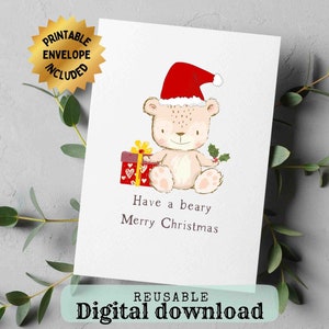 Biglietto e busta stampabile Beary Merry Christmas, biglietto per orsacchiotti da 5 x 7 pollici, biglietto bianco carino per orsacchiotti di Natale, riutilizzabile, biglietto di peluche stampabile