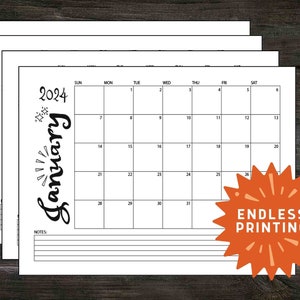 January 2024 Printable Calendar, Monthly Calendar Printable, U.S. Letter, Original Art January Calendar Printable 2024, B&W Monthly Planner zdjęcie 4