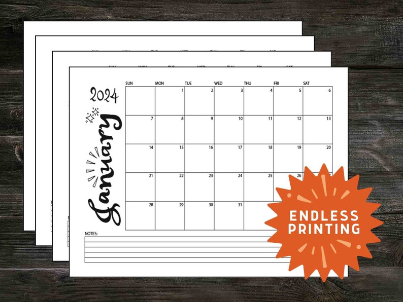 January 2024 Printable Calendar, Monthly Calendar Printable, U.S. Letter, Original Art January Calendar Printable 2024, B&W Monthly Planner image 4