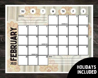 Printable February 2023 Calendar in Retro Flower Style, Major U.S. Holidays Included, Dated, Notes Sections, Gender Neutral Design, Vintage