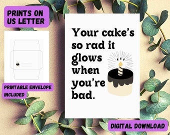 Radical Cake Birthday Card Printable and Envelope PDF, Rebel Greeting Card, Birthday Cupcake, Funny Rhyme, Poetry, Queer Artist, Retro Font