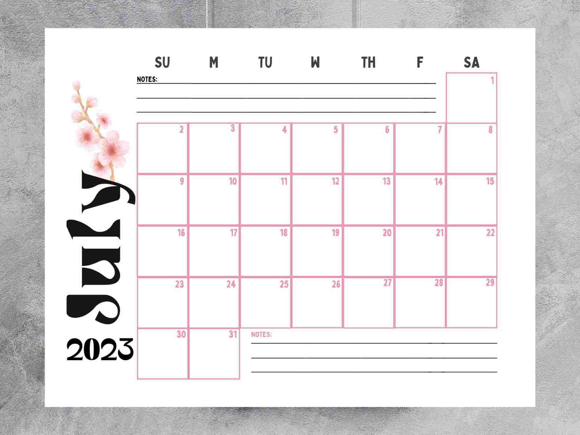 Printable July Calendar 2023 in Pink Blossom Style, Pink and Black ...