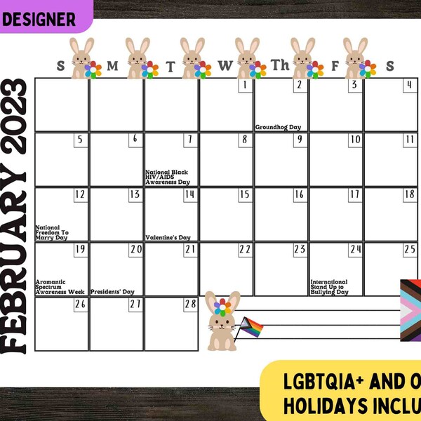 February 2023 Printable Calendar with LGBTQIA+ and Other Holidays, Dated, Bunny Plushie Design, For Kids and Adults, Queer Designer, Pride