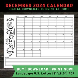 Calendário para impressão de dezembro de 2024, calendário mensal para impressão, carta dos EUA, forrado, arte original Calendário de dezembro para impressão de 2024, planejador em preto e branco