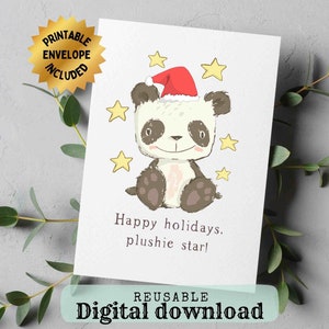 Tarjeta de Navidad y sobre imprimible Plushie Star, tarjeta Plushie, 5x7 pulgadas, tarjeta de Navidad Panda Plushie, reutilizable, linda tarjeta en blanco