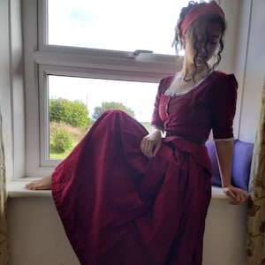 18th century two piece, red cotton dress, 100% cotton, full length skirt, front fastening top, period clothing