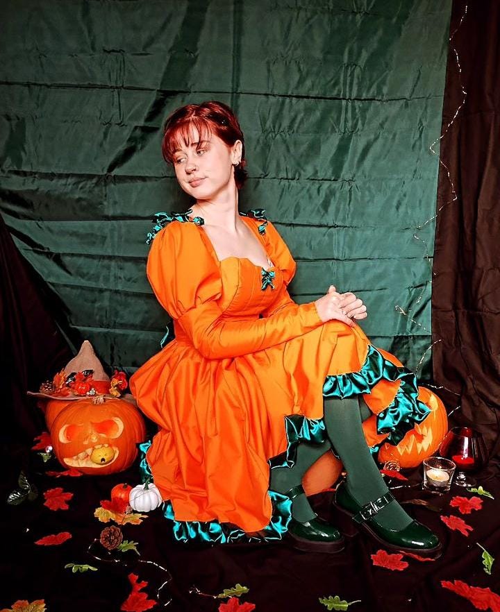 3 PCS Halloween Pumpkin Costume For Women, Orange Poncho With