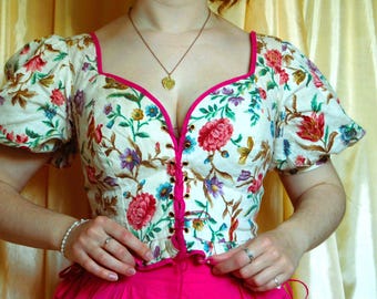 Pink floral top, Lace up bodice, Floral bodice, Floral top, Peasant top, Peasant blouse