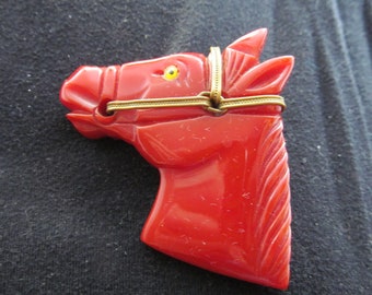 Vintage Carved Red Bakelite Horse Head Brooch, 1930's