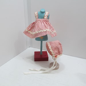Red and White Stripe Doll Pinafore w/Matching Bonnet