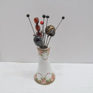 Lot of 14 Victorian Hat Pins in Porcelain Hat Pin Holder