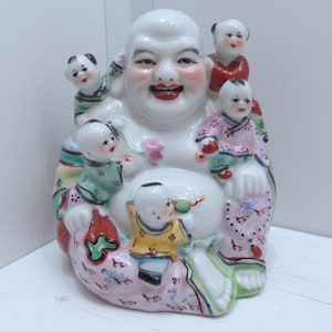 Vintage Porcelain Laughing Buddah Statue w/Children