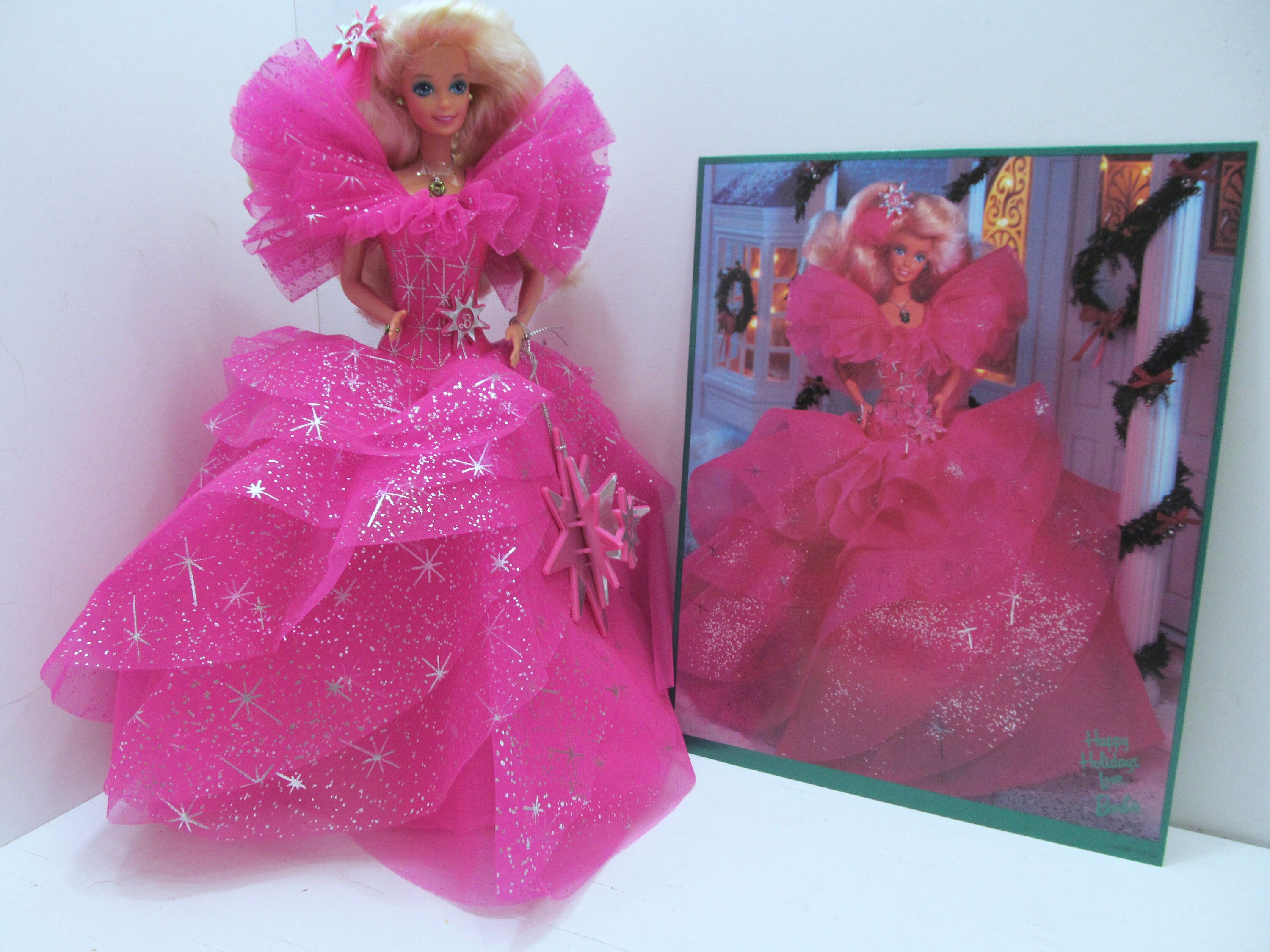 Mattel Happy Holidays Barbie Doll With Stand, Ornament and Mattel Happy Holidays Barbie Doll With Stand, Ornament and