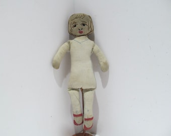 Vintage Cloth Doll with Embroidered Face, 1930&#39;s