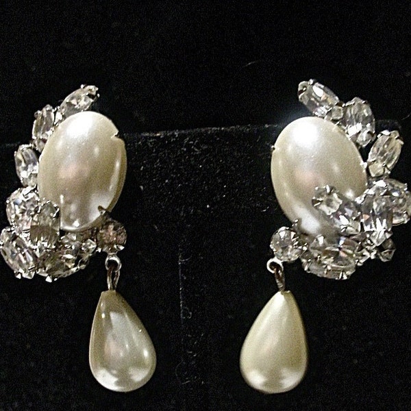 Vintage Garne Drop Faux Pearl & Rhinestone Clip on Earrings, 1960's