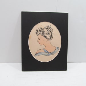 Vintage Water Coloring Drawing of Woman in Profile