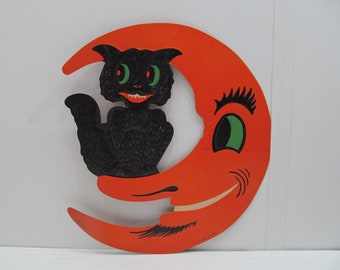 Rare Halloween H.E. Luhrs Die Cut Embossed Black Cat & Moon, 1930&#39;s