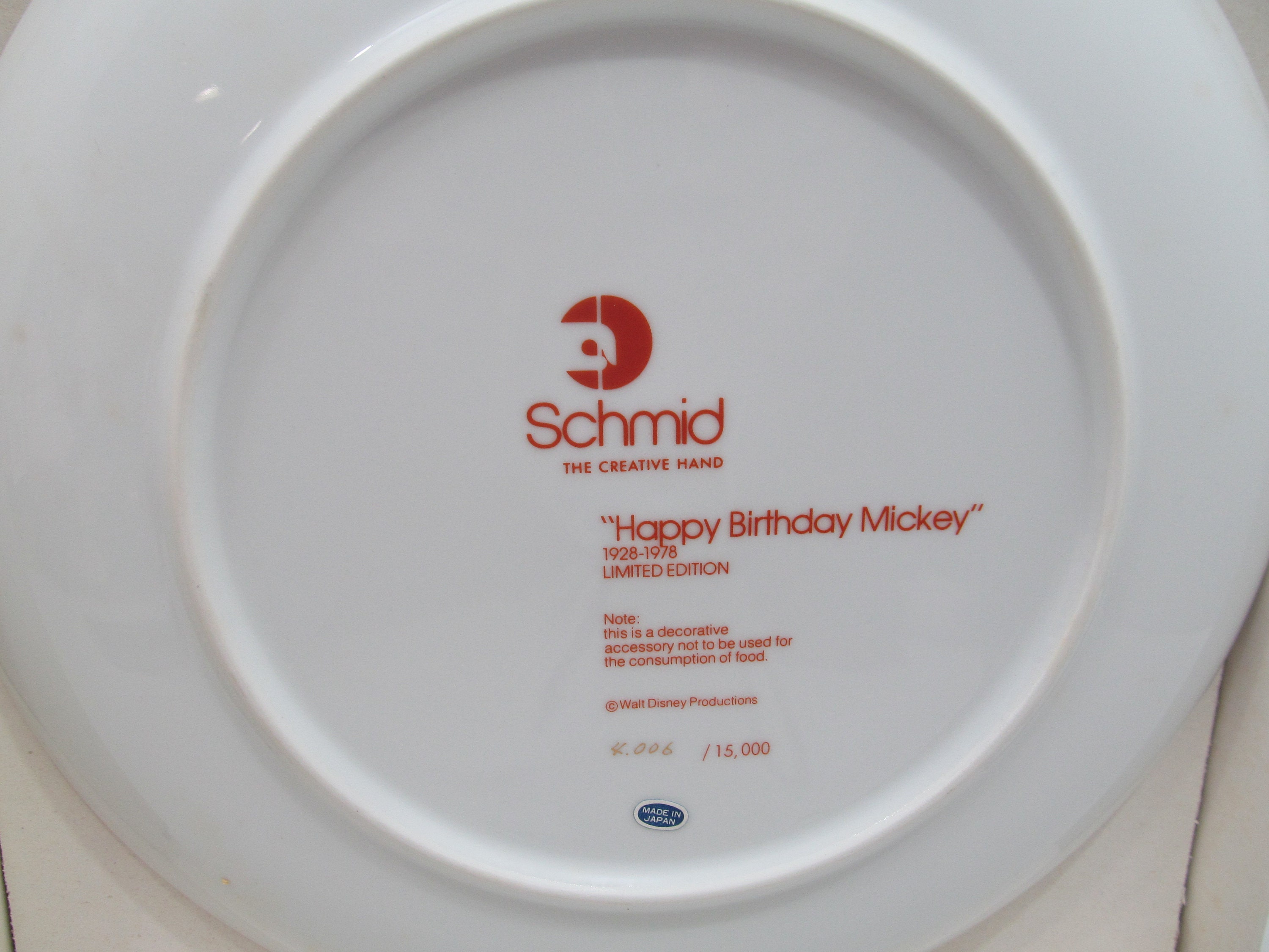 Schmidビンテージハッピーバースデーミッキー1978年記念プレート