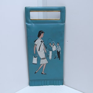 Bolsa/carteira feminina de vinil moderna com ótima ilustração, década de 1950