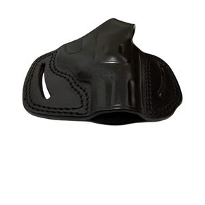 May include: A black leather holster with visible stitching and a glossy finish. The holster has a molded design with openings for a firearm. The overall shape is designed to fit a handgun.