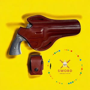 Sword Handmade Holster 357 Magnum 6inch Leather OWB Holster for COLT Model 686-GP100 Tarus Model 6-7 Shot Draw Right Hand Black-Brown+Loader