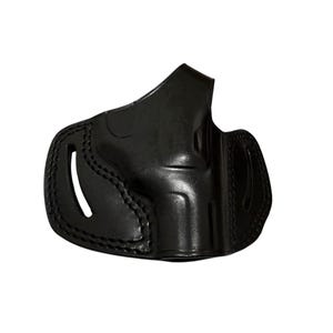 May include: A black leather holster with visible stitching and a curved design. The holster has an open top and a molded shape, likely for a firearm. The leather appears smooth and the overall design is functional.