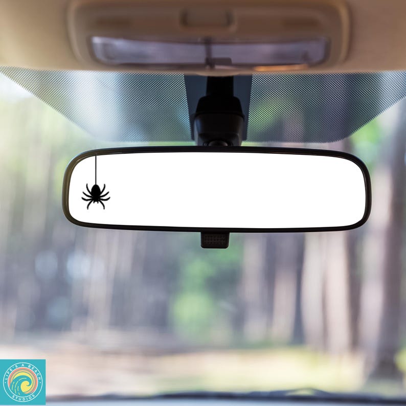 May include: A black spider hanging from the rearview mirror of a car. The spider is a Halloween decoration.