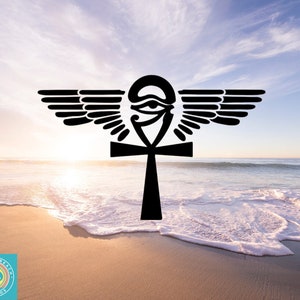 May include: Black ankh symbol with wings and an eye design, set against a beach scene with a logo in the lower left corner that says "Life's a Beach Studios". The ankh is a symbol of life and immortality.