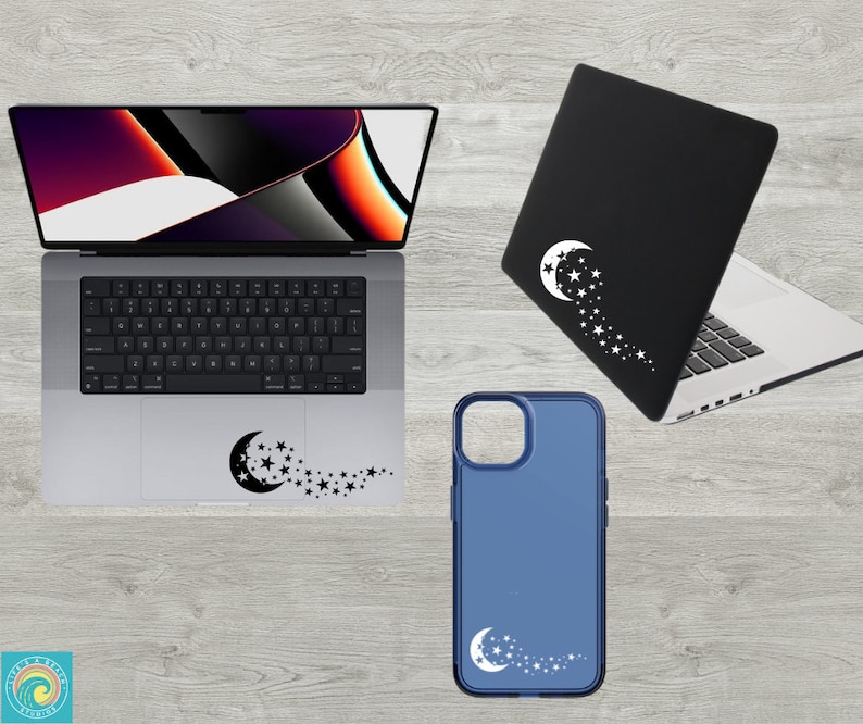 May include: Three different devices with a crescent moon and stars design. A laptop, a phone case, and a laptop skin all feature the same design.
