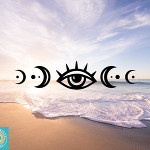 May include: Black and white illustration of a stylised eye with crescent moons on either side. The image is set against a background of a beach with white sand and blue water.