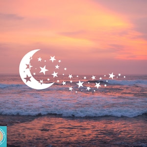 May include: A white crescent moon with stars trailing behind it, set against a pink and orange sunset over a blue ocean.