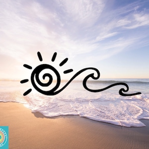 May include: A black and white illustration of a sun and waves against a backdrop of a beach and ocean with a blue sky and white clouds.