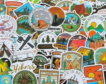 Camping Adventure Stickers, Outdoors, Explore, Random Sticker Packs 10/20/50 Pieces, NO REPEATS, Waterproof, UV Resistant, Free Shipping