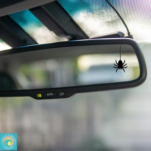 May include: A black spider hanging from the rearview mirror of a car. The spider is silhouetted against a blurry background.