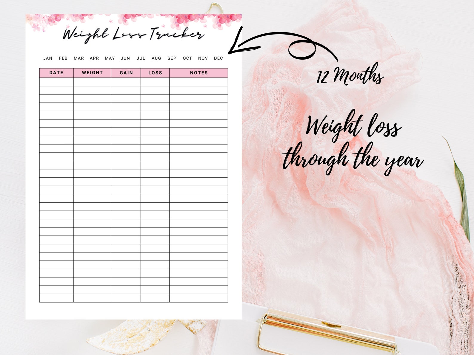 Printable Weight Loss Tracker Journal, Weight Loss Chart, Weight Loss