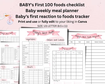 Baby Girl Food Tracker Printable BUNDLE, Baby led weaning, Baby’s First Foods, Meal Planner, Food Diary, Daily Log, 100 foods before 1,