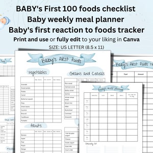 Baby Boy Food Tracker Printable BUNDLE, Baby led weaning, Baby’s First Foods, Meal Planner, Baby Food Diary, Daily Log, 100 foods before 1,