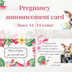 Biglietto di annuncio di gravidanza personalizzato, biglietto di annuncio di nascita, divertente annuncio di gravidanza con nonna e nonno, bambino con semi di anguria